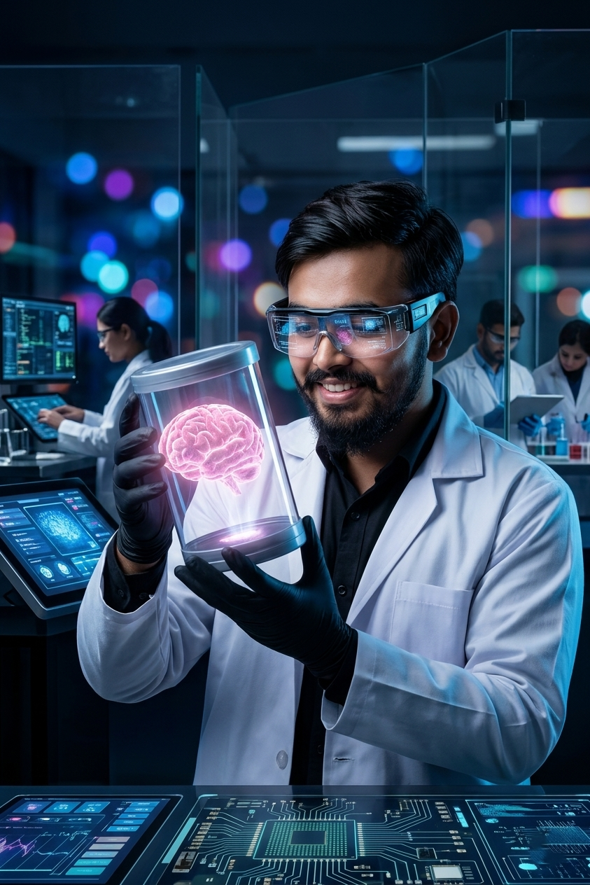Futuristic Scientist Holding Glowing Holographic Brain | Sci-Fi Concept