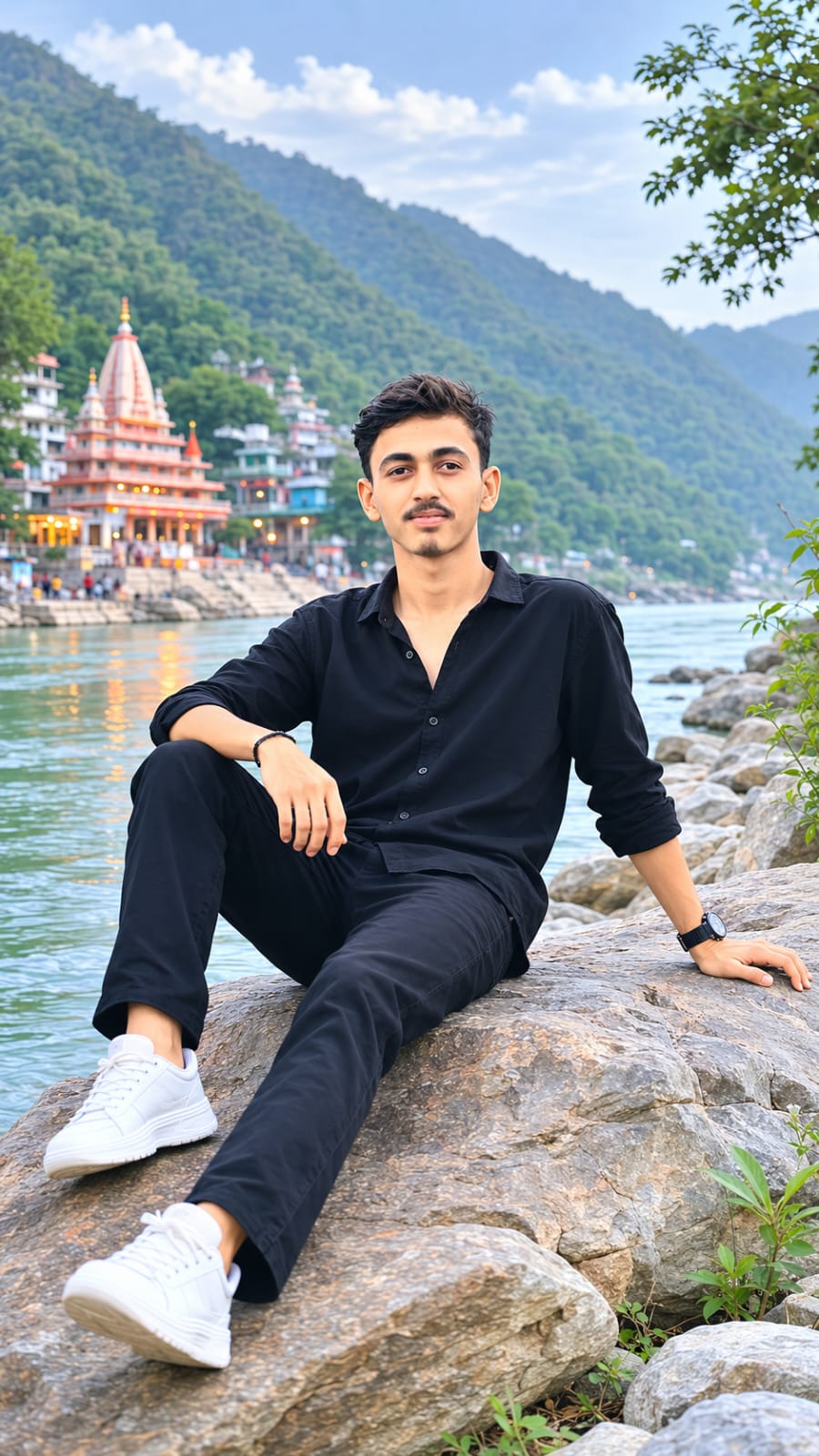 Riverside Travel Portrait of a Young Man Cinematic Mountain Temple HG Promts