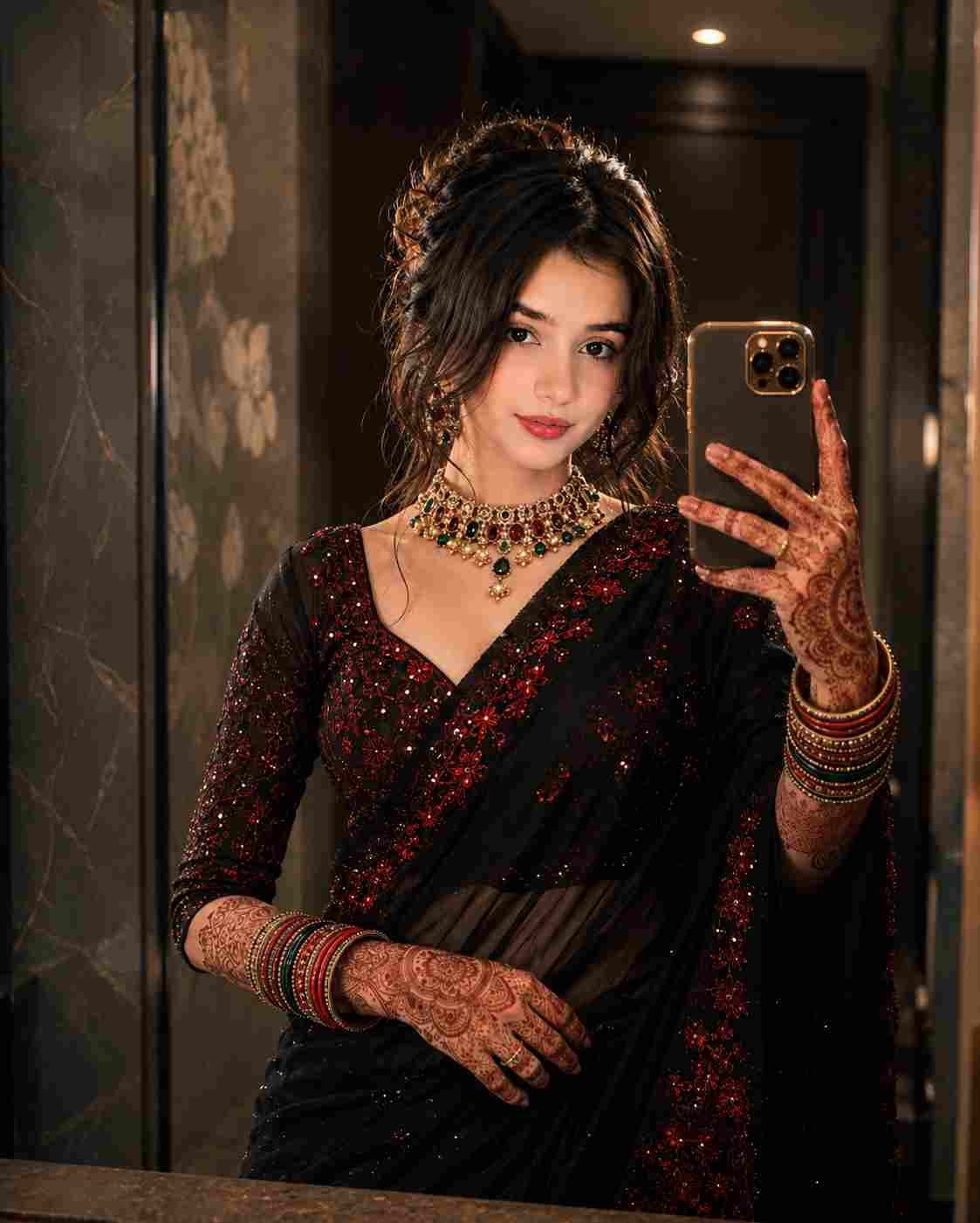 Luxury Black Saree Mirror Selfie AI Photo Prompt in 8K