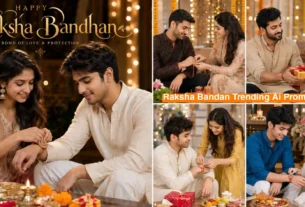 Raksha Bandhan celebration with brother and sister tying a rakhi, festive Indian decorations, traditional outfits, and a warm family atmosphere.