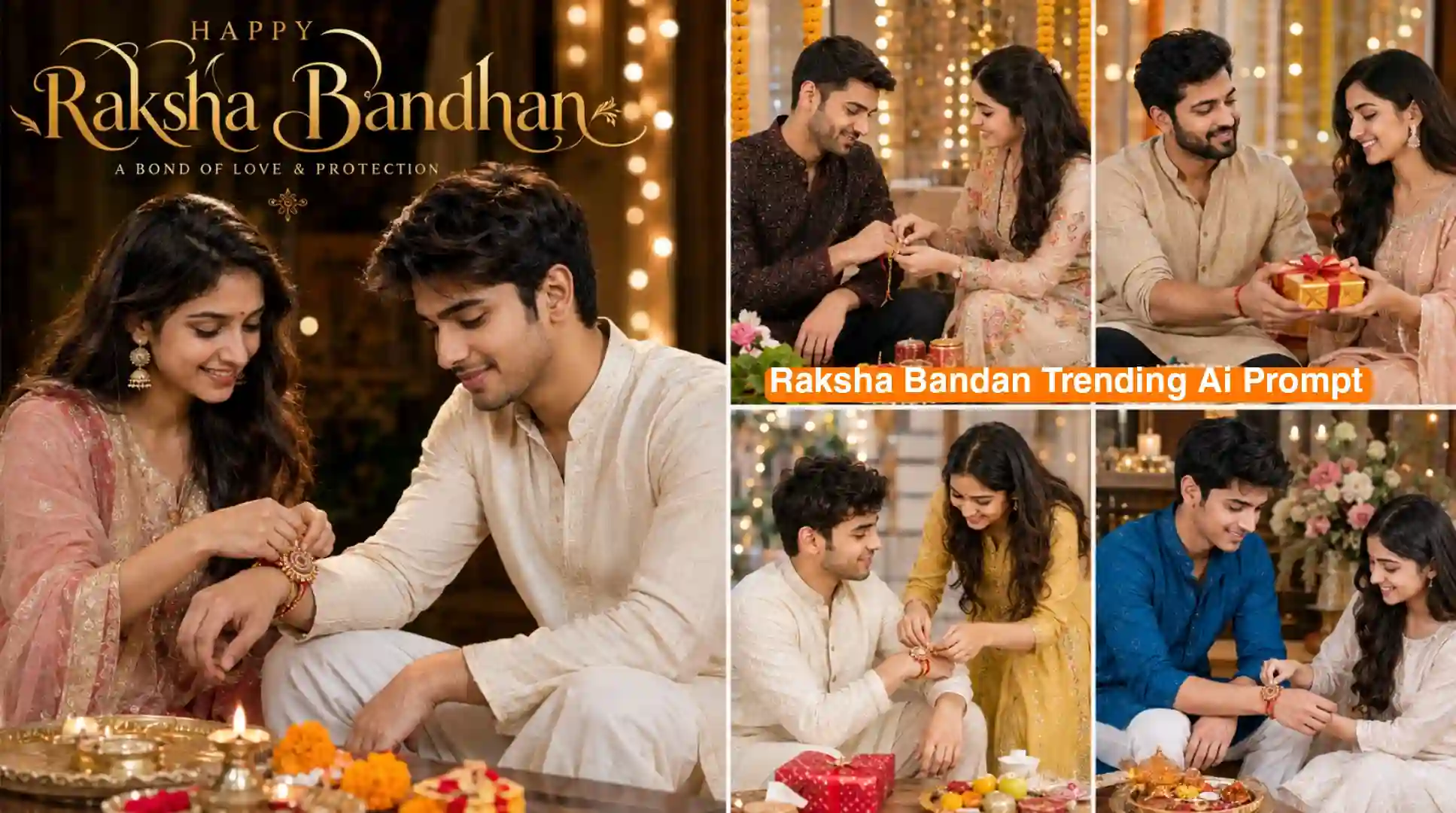 Raksha Bandhan celebration with brother and sister tying a rakhi, festive Indian decorations, traditional outfits, and a warm family atmosphere.