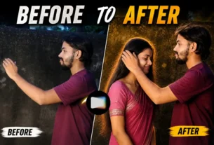 Romantic couple portrait outdoors with a man gently touching a woman's hair during golden hour.
