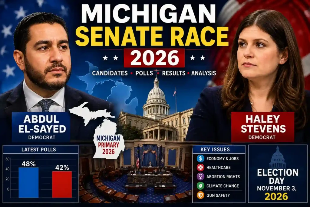 Michigan Senate Race 2026 featured image showing Abdul El-Sayed and Haley Stevens with the Michigan State Capitol and U.S. election graphics.
