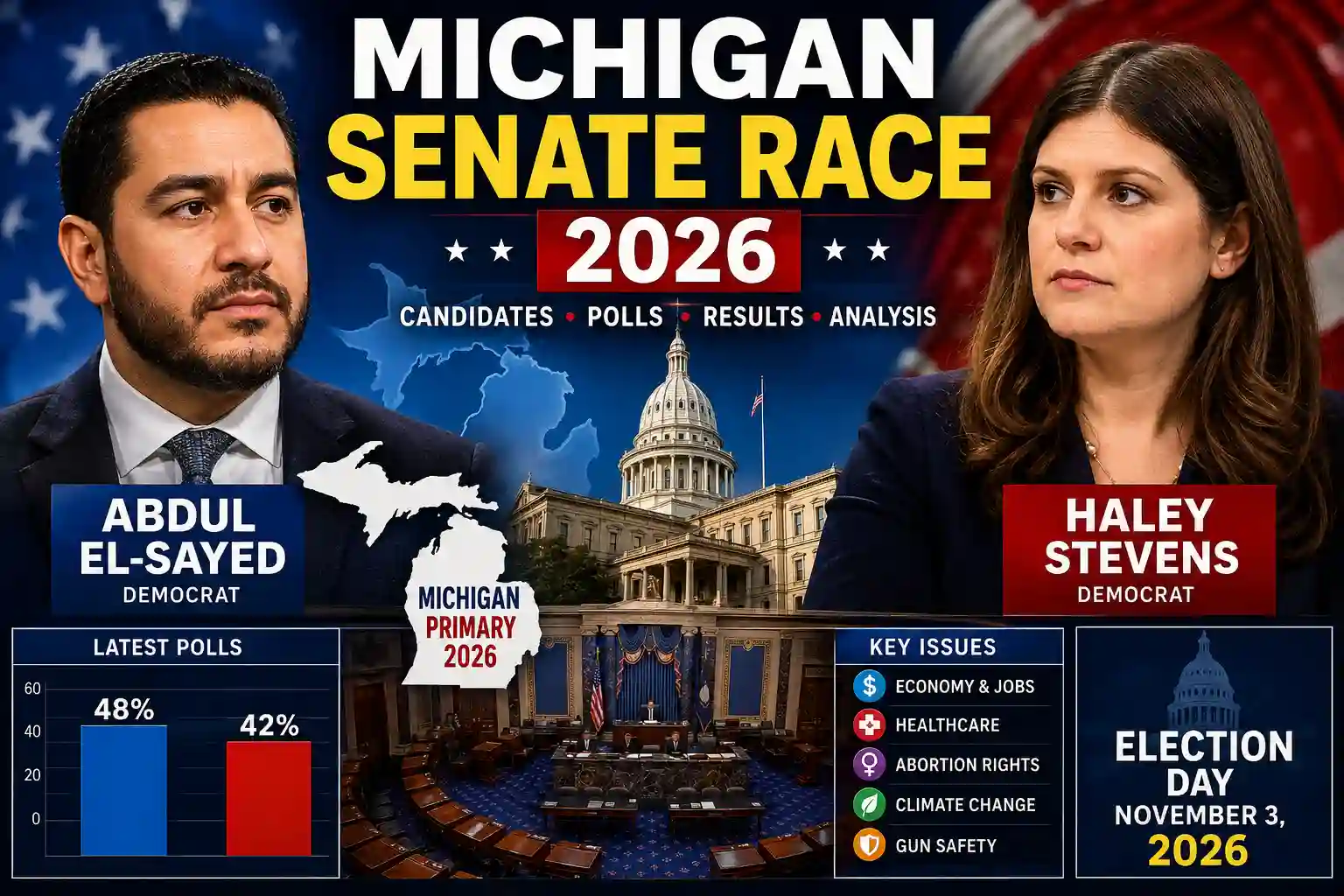 Michigan Senate Race 2026 featured image showing Abdul El-Sayed and Haley Stevens with the Michigan State Capitol and U.S. election graphics.