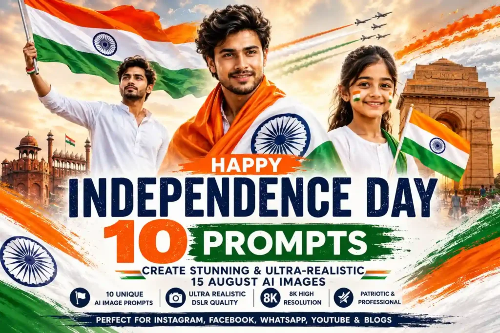 Featured image showcasing 10 best 15 August AI image prompts with patriotic Indian flag, Independence Day theme, and ultra-realistic AI-generated portraits for 2026.