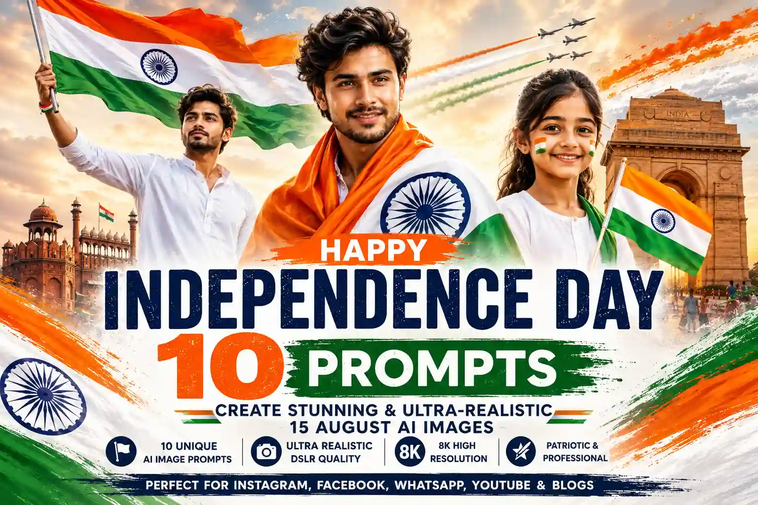 Featured image showcasing 10 best 15 August AI image prompts with patriotic Indian flag, Independence Day theme, and ultra-realistic AI-generated portraits for 2026.