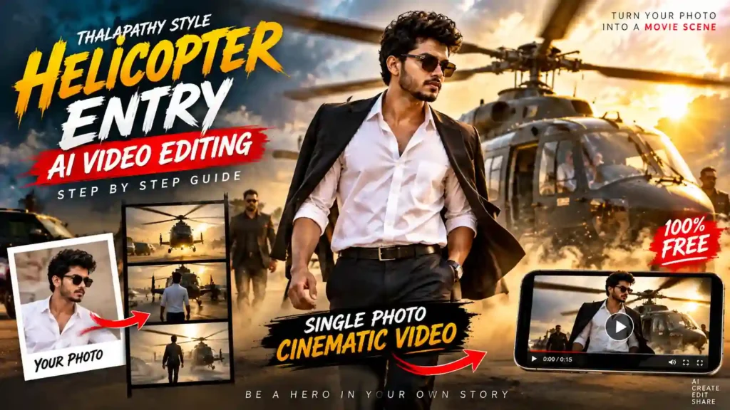 Viral helicopter entry AI video editing using a single photo with cinematic movie-style effects