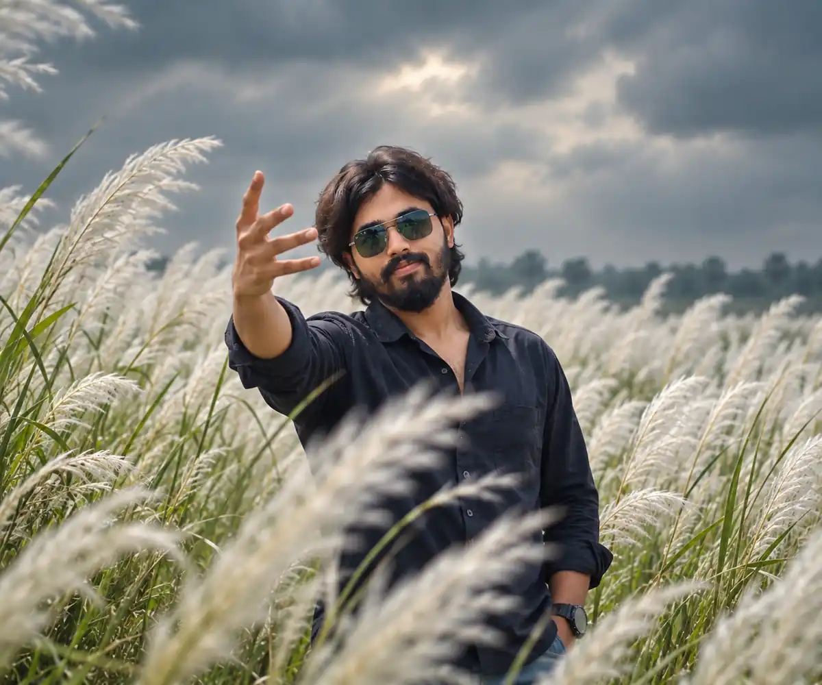 Man in black shirt posing in a Kash flower field under cloudy sky