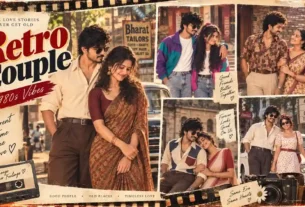 Retro 1980s couple AI photo editing prompt collage with vintage Indian fashion