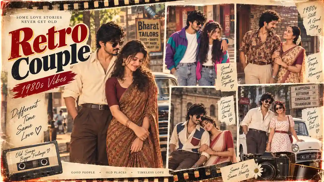 Retro 1980s couple AI photo editing prompt collage with vintage Indian fashion